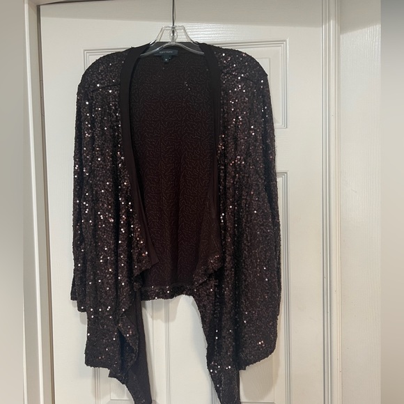 Karen Kane Brown Sequin Open Front 3/4 Sleeve Stretch Jacket Cardigan 3X - Picture 2 of 8